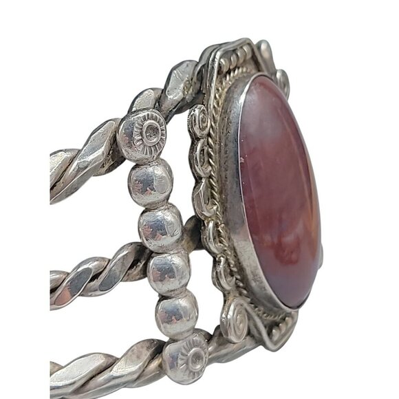 Agate Sterling Silver Open Cuff Bracelet Red Cabachon Detailed 925 Design SZ 6 - Picture 16 of 16